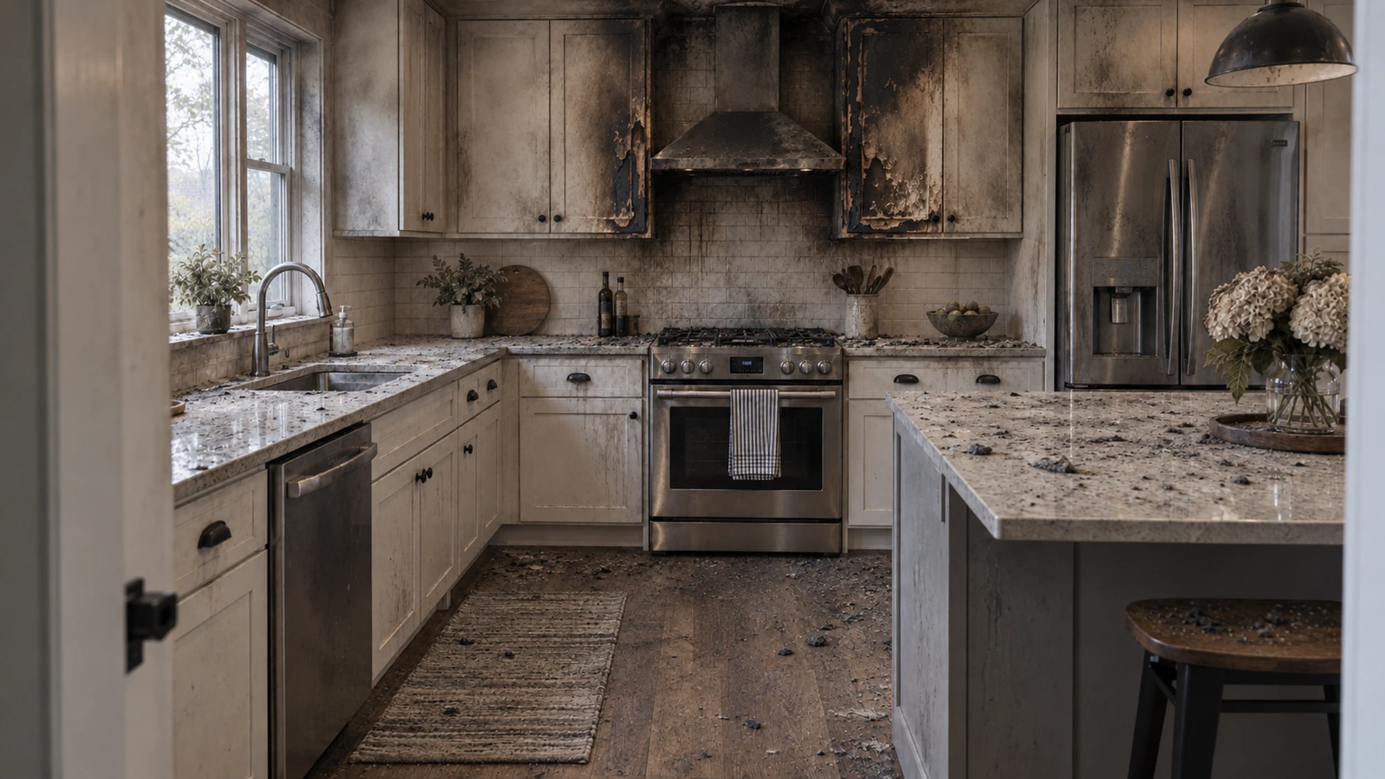 Kitchen with fire and smoke damage