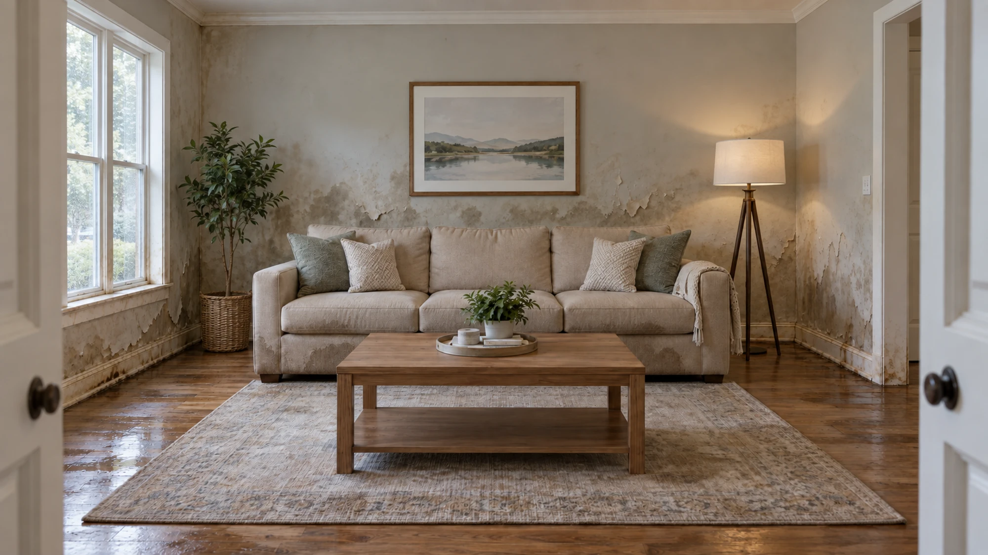 Living room with water-damaged walls